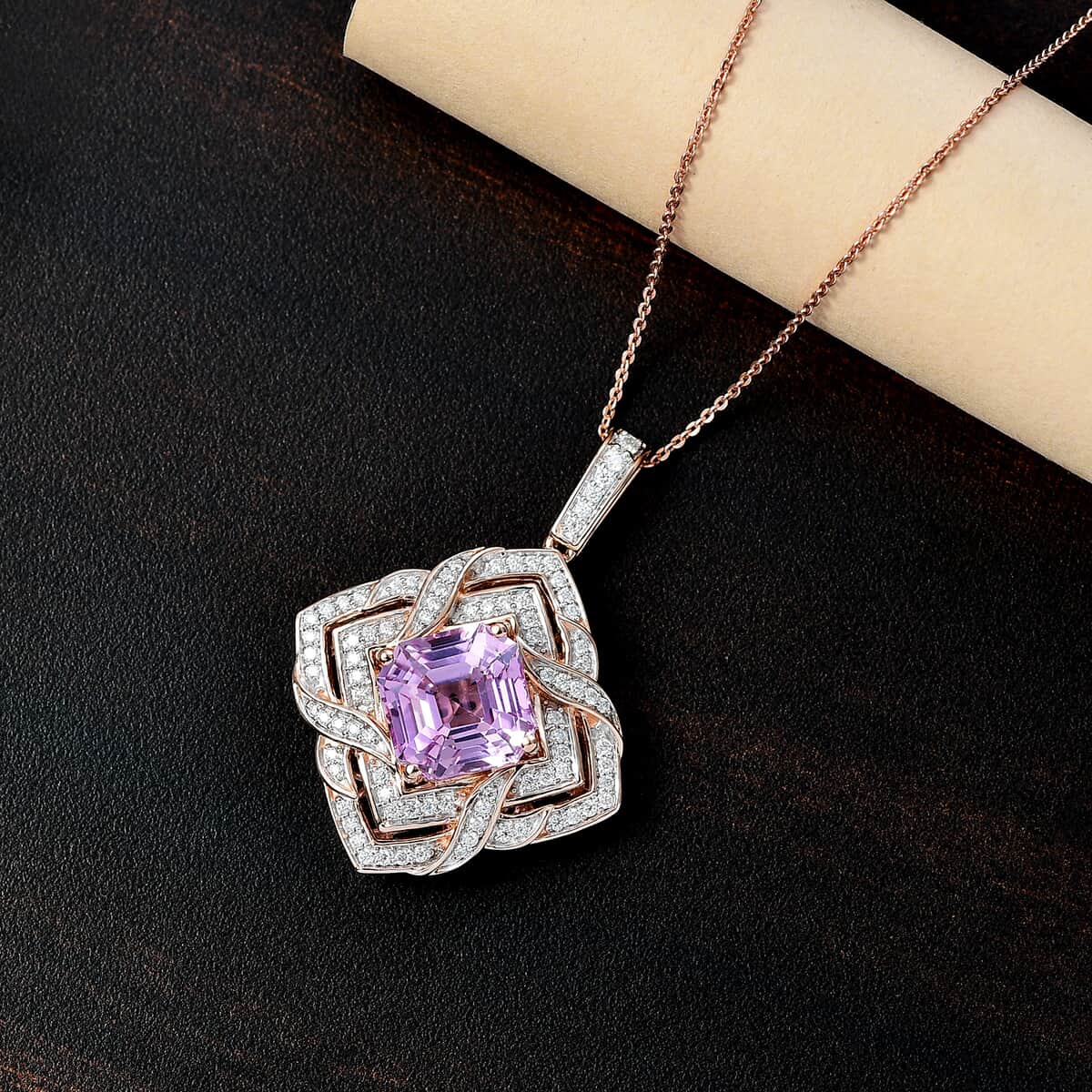 GP Amore Collection Asscher Cut Premium Kunzite and Moissanite 8.40 ctw Good Luck Endless Knot Pendant Necklace in 18K Vermeil Rose Gold Over Sterling Silver 20 Inches image number 1