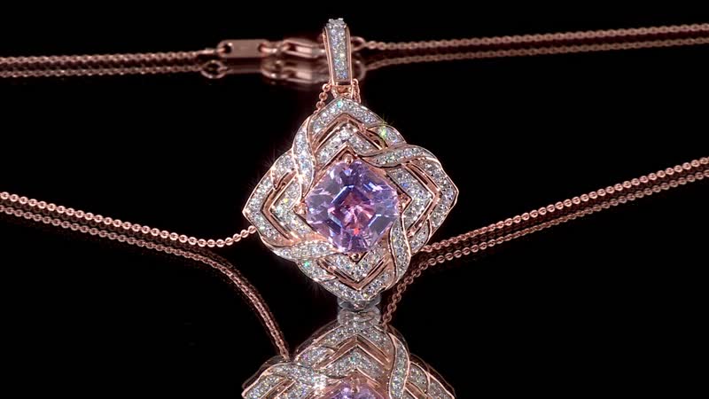 GP Amore Collection Asscher Cut Premium Kunzite and Moissanite 8.40 ctw Good Luck Endless Knot Pendant Necklace in 18K Vermeil Rose Gold Over Sterling Silver 20 Inches