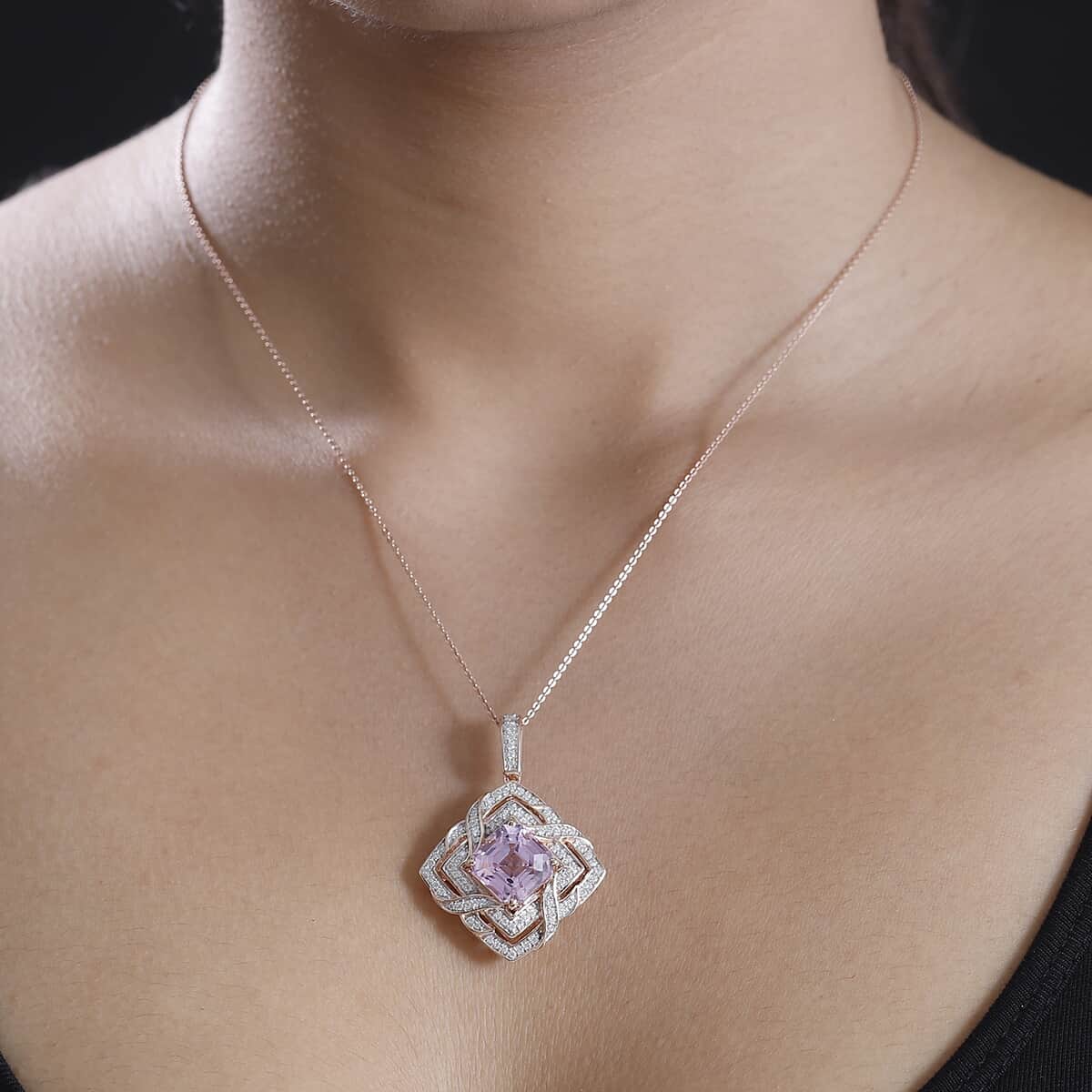 GP Amore Collection Asscher Cut Premium Kunzite and Moissanite 8.40 ctw Good Luck Endless Knot Pendant Necklace in 18K Vermeil Rose Gold Over Sterling Silver 20 Inches image number 2