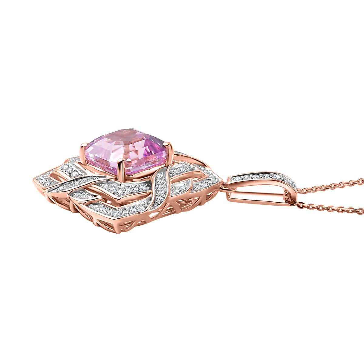 GP Amore Collection Asscher Cut Premium Kunzite and Moissanite 8.40 ctw Good Luck Endless Knot Pendant Necklace in 18K Vermeil Rose Gold Over Sterling Silver 20 Inches image number 3