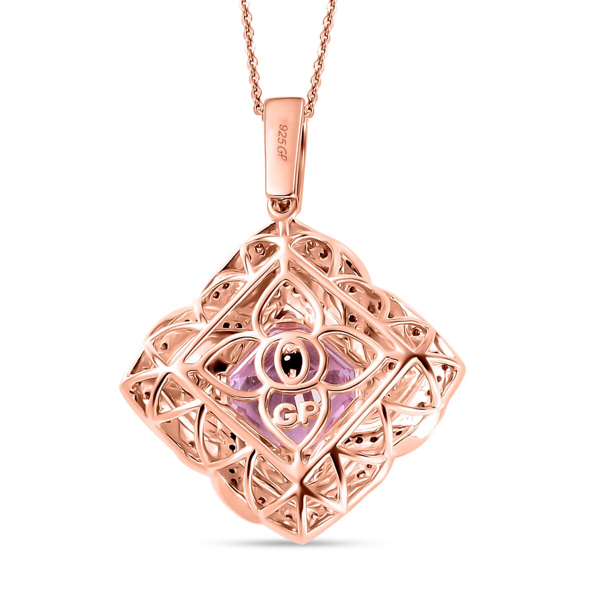 GP Amore Collection Asscher Cut Premium Kunzite and Moissanite 8.40 ctw Good Luck Endless Knot Pendant Necklace in 18K Vermeil Rose Gold Over Sterling Silver 20 Inches image number 4