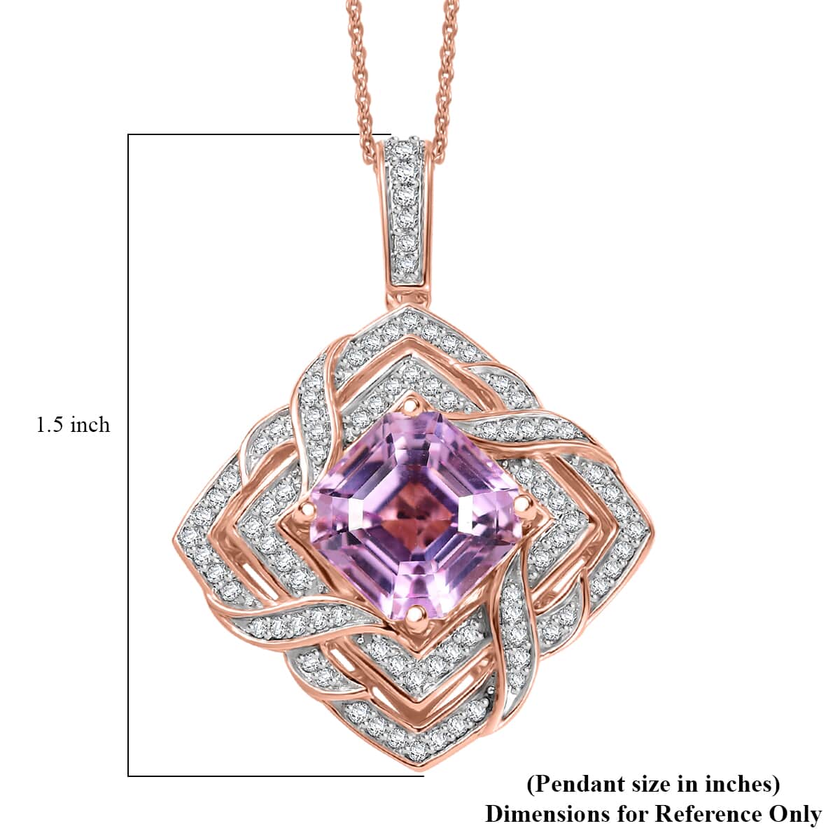 GP Amore Collection Asscher Cut Premium Kunzite and Moissanite 8.40 ctw Good Luck Endless Knot Pendant Necklace in 18K Vermeil Rose Gold Over Sterling Silver 20 Inches image number 5