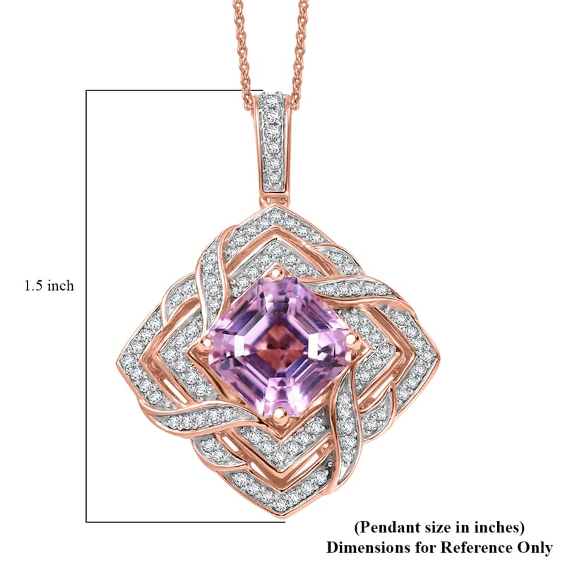 GP Amore Collection Asscher Cut Premium Kunzite and Moissanite 8.40 ctw Good Luck Endless Knot Pendant Necklace in 18K Vermeil Rose Gold Over Sterling Silver 20 Inches