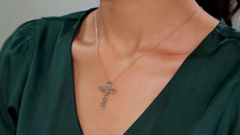 Natural Champagne Diamond 1.00 ctw Fire Crackle Cross Pendant Necklace in 18K Vermeil Rose Gold Over Sterling Silver 20 Inches