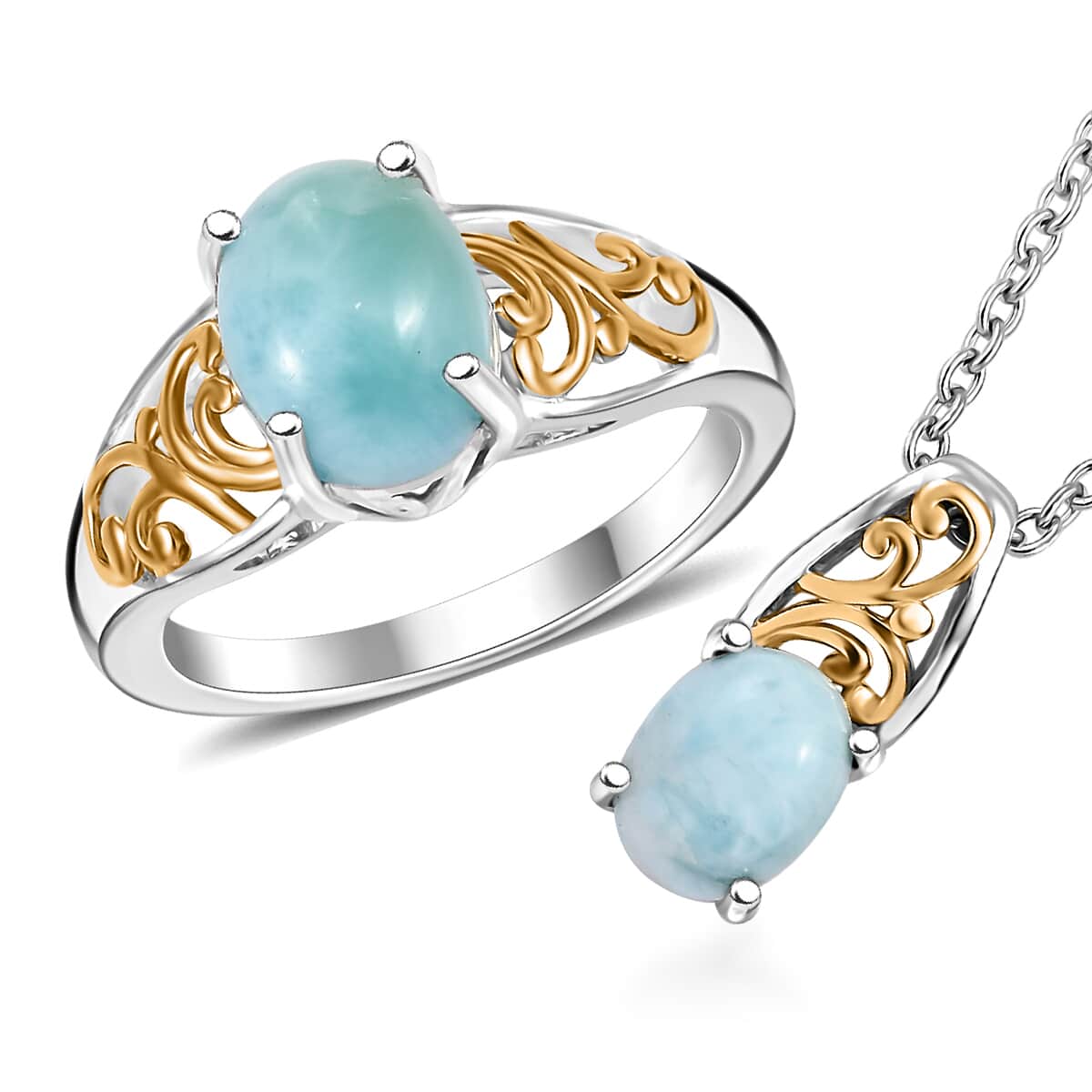 Karis Larimar Ring (Size 5.0) and Pendant in 18K YG Plated and Platinum Bond with Stainless Steel Necklace (20 Inches) 4.65 ctw image number 0