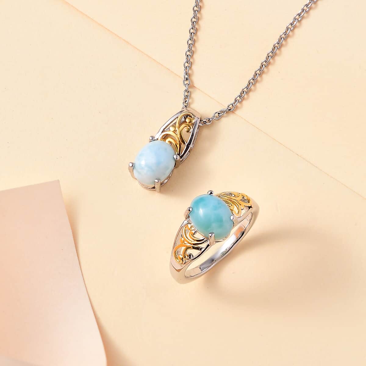 Karis Larimar Ring (Size 5.0) and Pendant in 18K YG Plated and Platinum Bond with Stainless Steel Necklace (20 Inches) 4.65 ctw image number 1