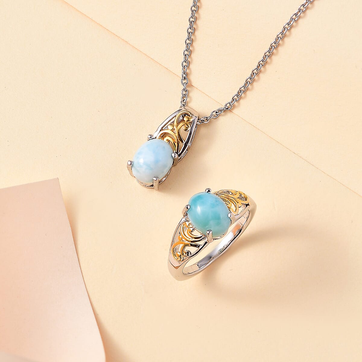 Karis Larimar 4.65 ctw Ring (Size 10.0) and Pendant in 18K YG Plated and Platinum Bond with Stainless Steel Necklace 20 Inches image number 1