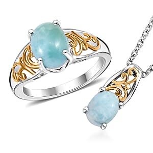 Karis Larimar 4.65 ctw Ring (Size 11.0) and Pendant in 18K YG Plated and Platinum Bond with Stainless Steel Necklace 20 Inches