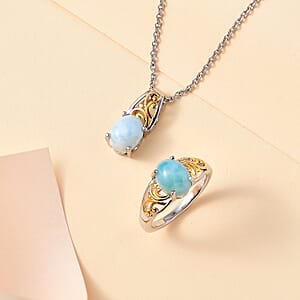 Karis Larimar 4.65 ctw Ring (Size 11.0) and Pendant in 18K YG Plated and Platinum Bond with Stainless Steel Necklace 20 Inches