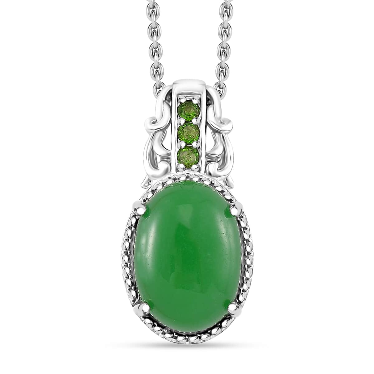 Green Jade (D) and Chrome Diopside 7.85 ctw Pendant in Rhodium Over Sterling Silver with Stainless Steel Necklace 20 Inches image number 0