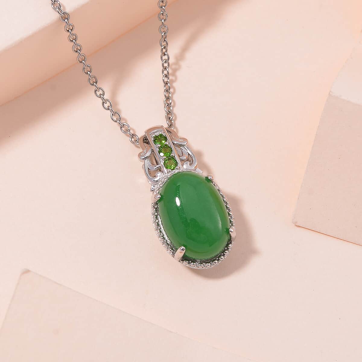 Green Jade (D) and Chrome Diopside 7.85 ctw Pendant in Rhodium Over Sterling Silver with Stainless Steel Necklace 20 Inches image number 1