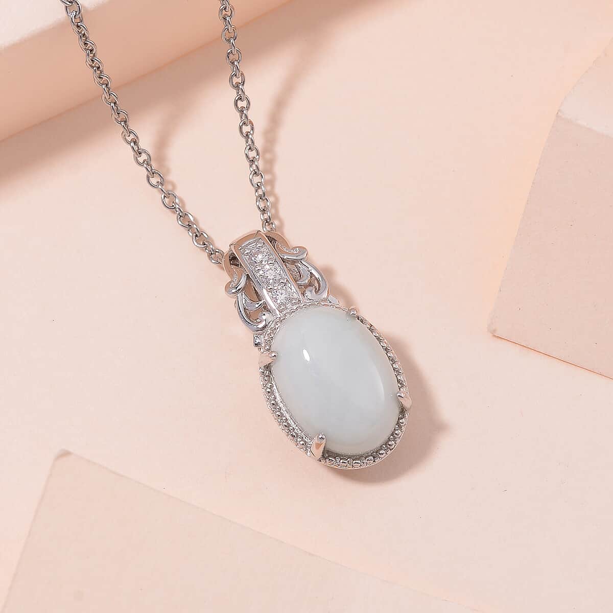 Natural Jade and Moissanite 7.60 ctw Pendant in Rhodium Over Sterling Silver with Stainless Steel Necklace 20 Inches image number 1