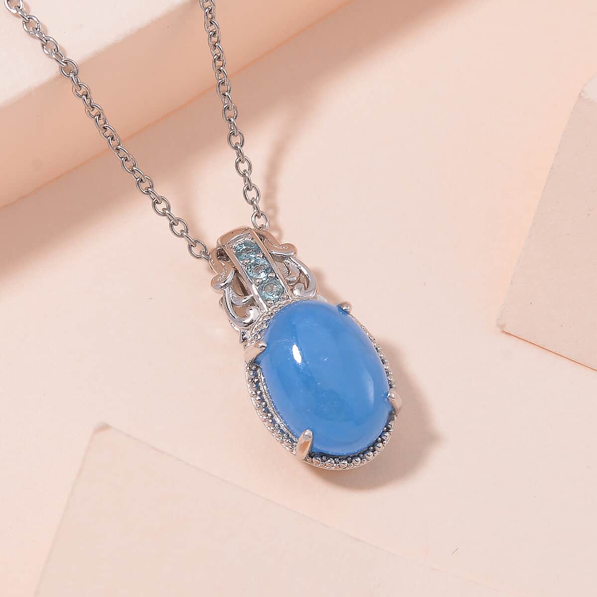 Blue Jade (D) and Apatite 7.75 ctw Pendant in Rhodium Over Sterling Silver with Stainless Steel Necklace 20 Inches image number 1