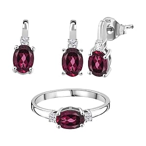 Orissa Rhodolite Garnet and White Zircon 3.15 ctw Earrings, Ring (Size 9) and Pendant in Rhodium Over Sterling Silver