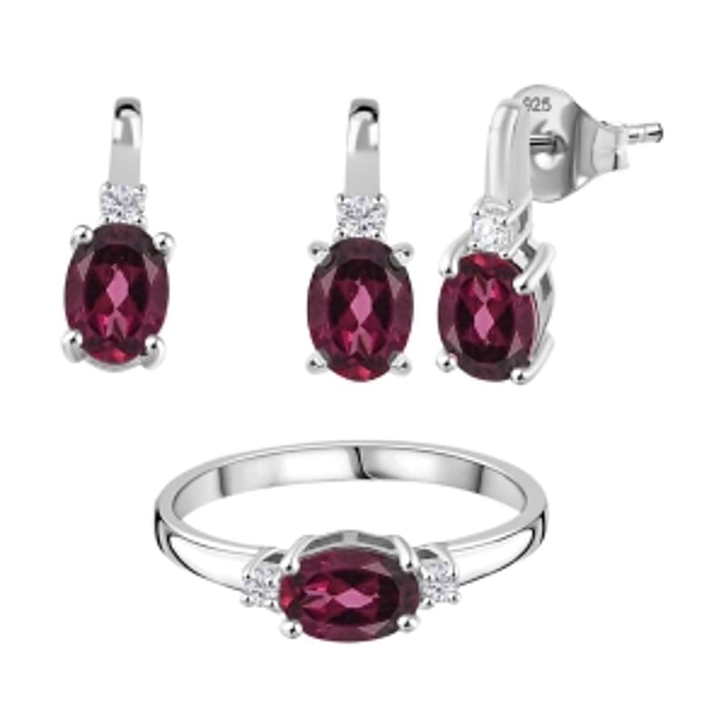 Orissa Rhodolite Garnet and White Zircon 3.15 ctw Earrings, Ring (Size 9) and Pendant in Rhodium Over Sterling Silver