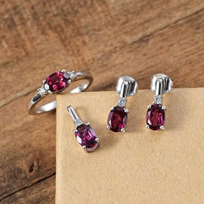 Orissa Rhodolite Garnet and White Zircon 3.15 ctw Earrings, Ring (Size 9) and Pendant in Rhodium Over Sterling Silver