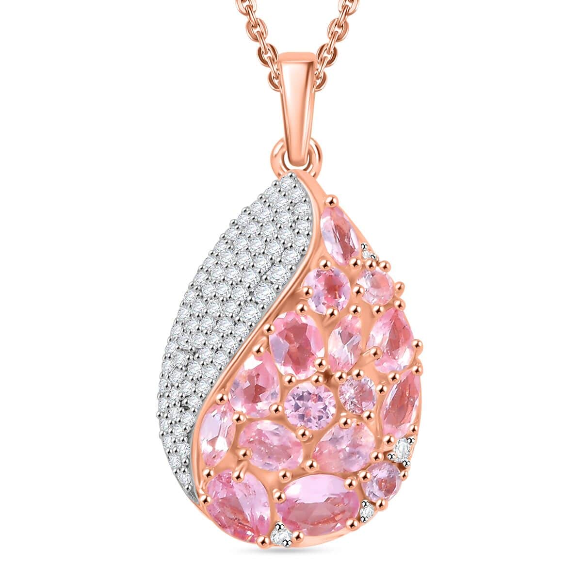 Narsipatnam Pink Spinel and Moissanite 2.90 ctw Radiant Dewdrop Pendant Necklace 20 Inches in 18K Vermeil Rose Gold Over Sterling Silver image number 0