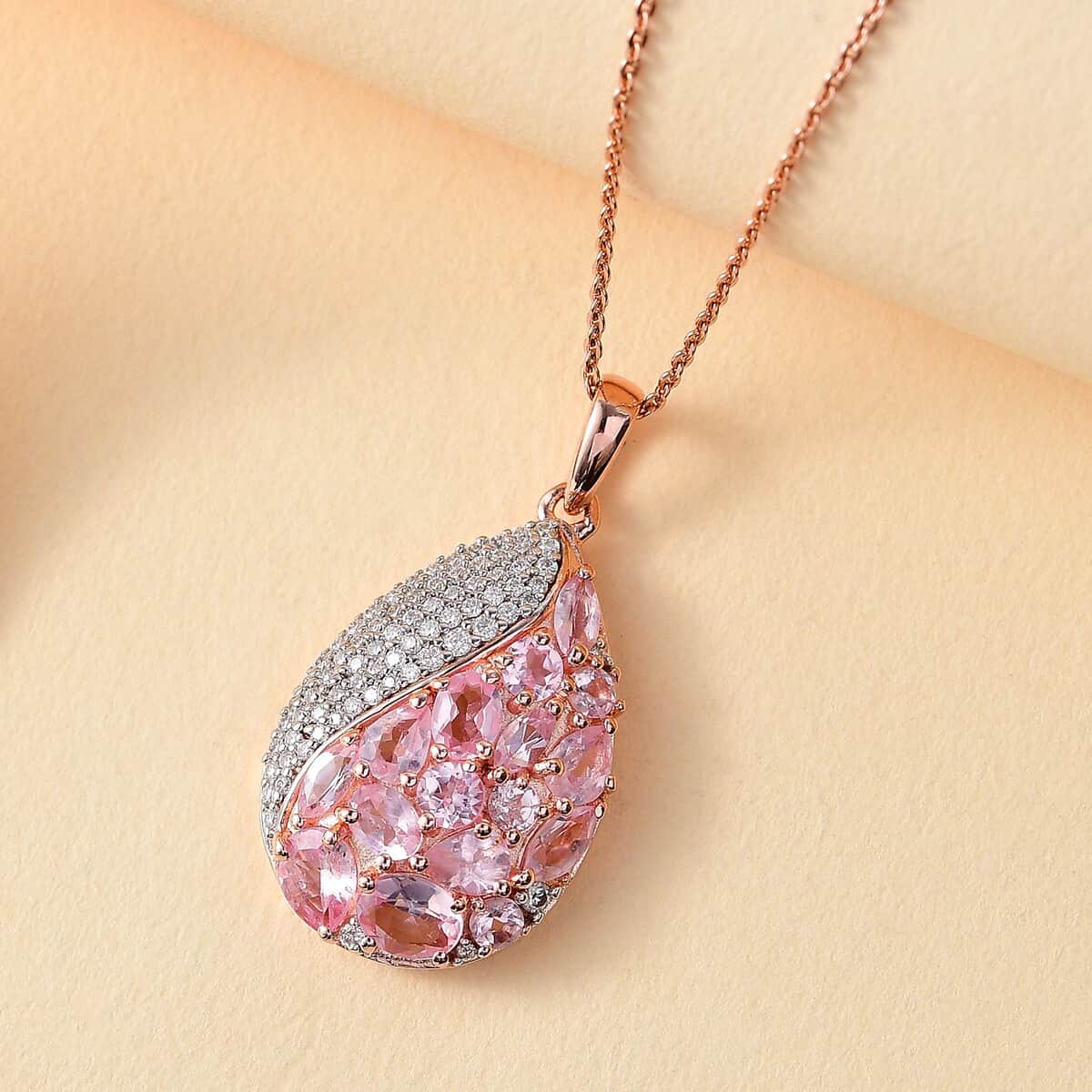 Narsipatnam Pink Spinel and Moissanite 2.90 ctw Radiant Dewdrop Pendant Necklace 20 Inches in 18K Vermeil Rose Gold Over Sterling Silver image number 1