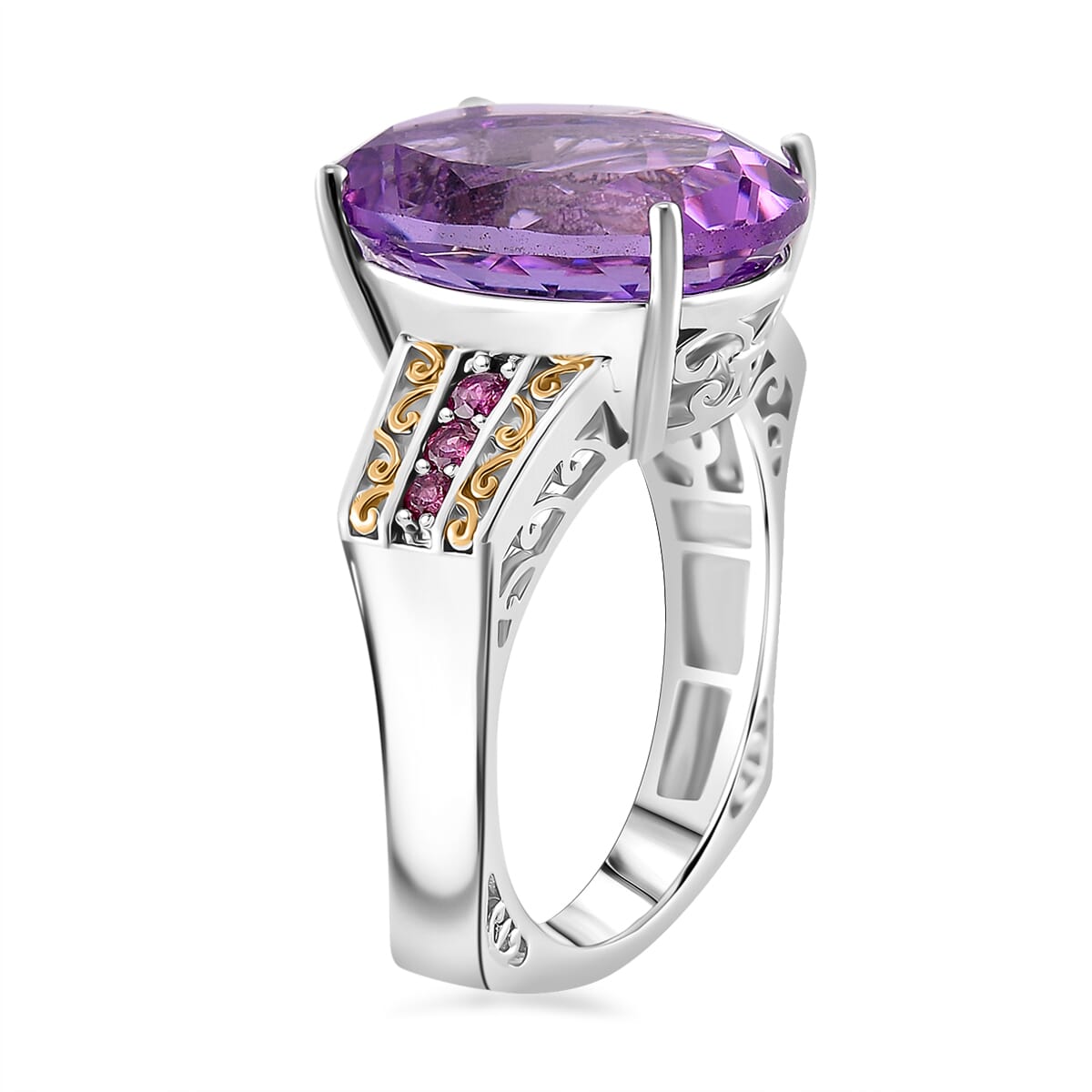Karis Rose De France Amethyst, Orissa Rhodolite Garnet Ring (Size 6.0) and Pendant in Dualtone with Stainless Steel Necklace (20 Inches) 24.00 ctw image number 3