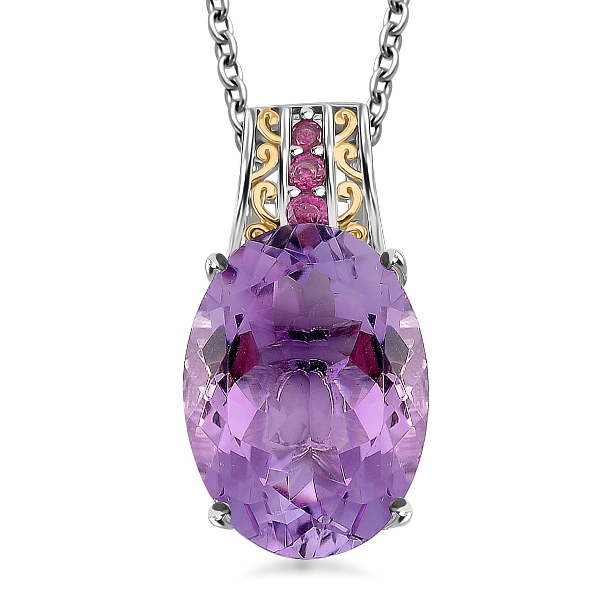 Karis Rose De France Amethyst and Orissa Rhodolite Garnet 24.00 ctw Ring (Size 6.0) and Pendant in Dualtone with Stainless Steel Necklace 20 Inchesa