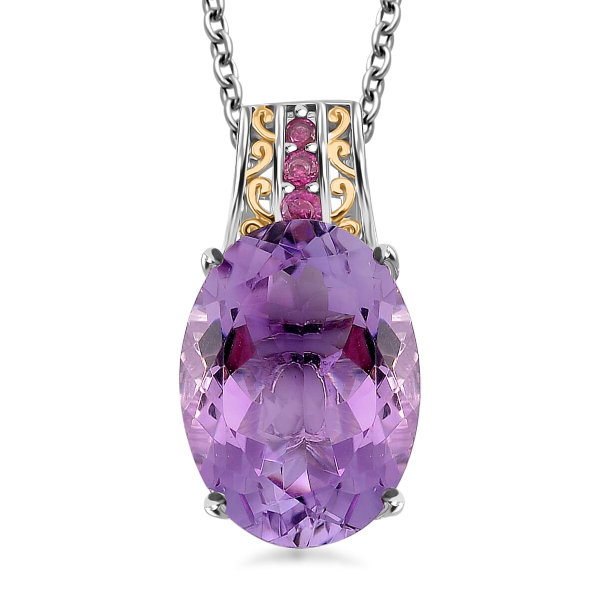 Karis Rose De France Amethyst, Orissa Rhodolite Garnet Ring (Size 6.0) and Pendant in Dualtone with Stainless Steel Necklace (20 Inches) 24.00 ctw image number 5