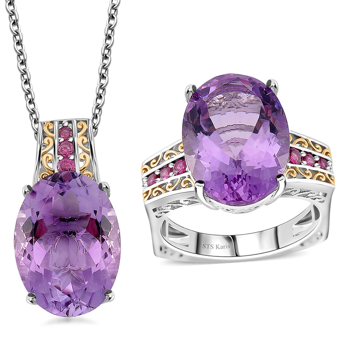 Karis Rose De France Amethyst and Orissa Rhodolite Garnet 24.00 ctw Ring (Size 7.0) and Pendant in Dualtone with Stainless Steel Necklace 20 Inchesa image number 0