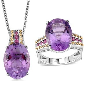 Karis Rose De France Amethyst and Orissa Rhodolite Garnet 24.00 ctw Ring (Size 7.0) and Pendant in Dualtone with Stainless Steel Necklace 20 Inchesa