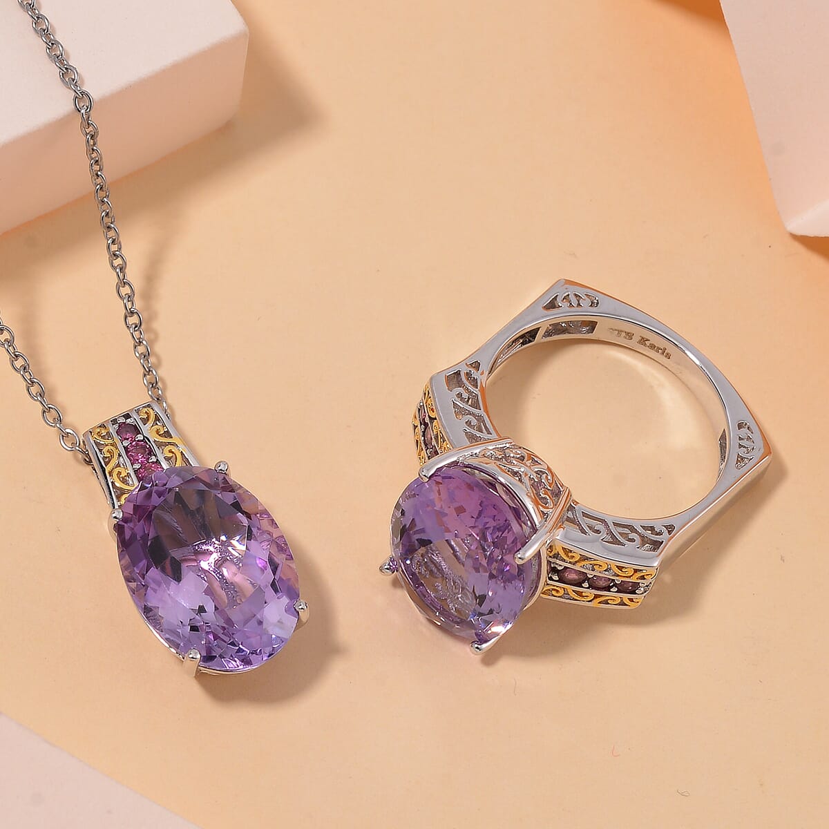 Karis Rose De France Amethyst and Orissa Rhodolite Garnet 24.00 ctw Ring (Size 7.0) and Pendant in Dualtone with Stainless Steel Necklace 20 Inchesa image number 1