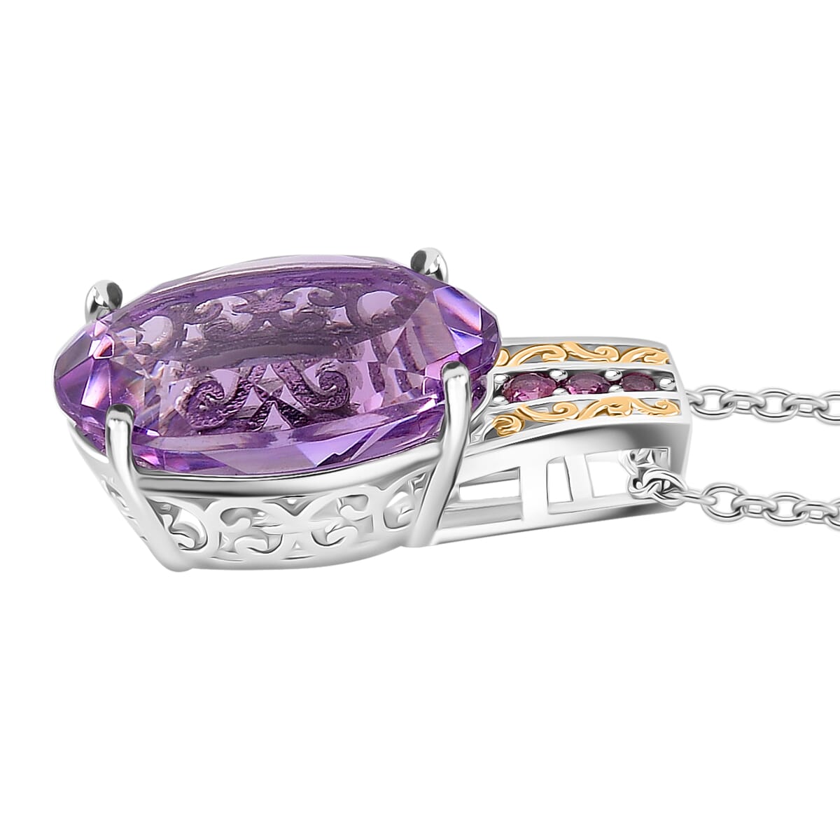 Karis Rose De France Amethyst and Orissa Rhodolite Garnet 24.00 ctw Ring (Size 7.0) and Pendant in Dualtone with Stainless Steel Necklace 20 Inchesa image number 6