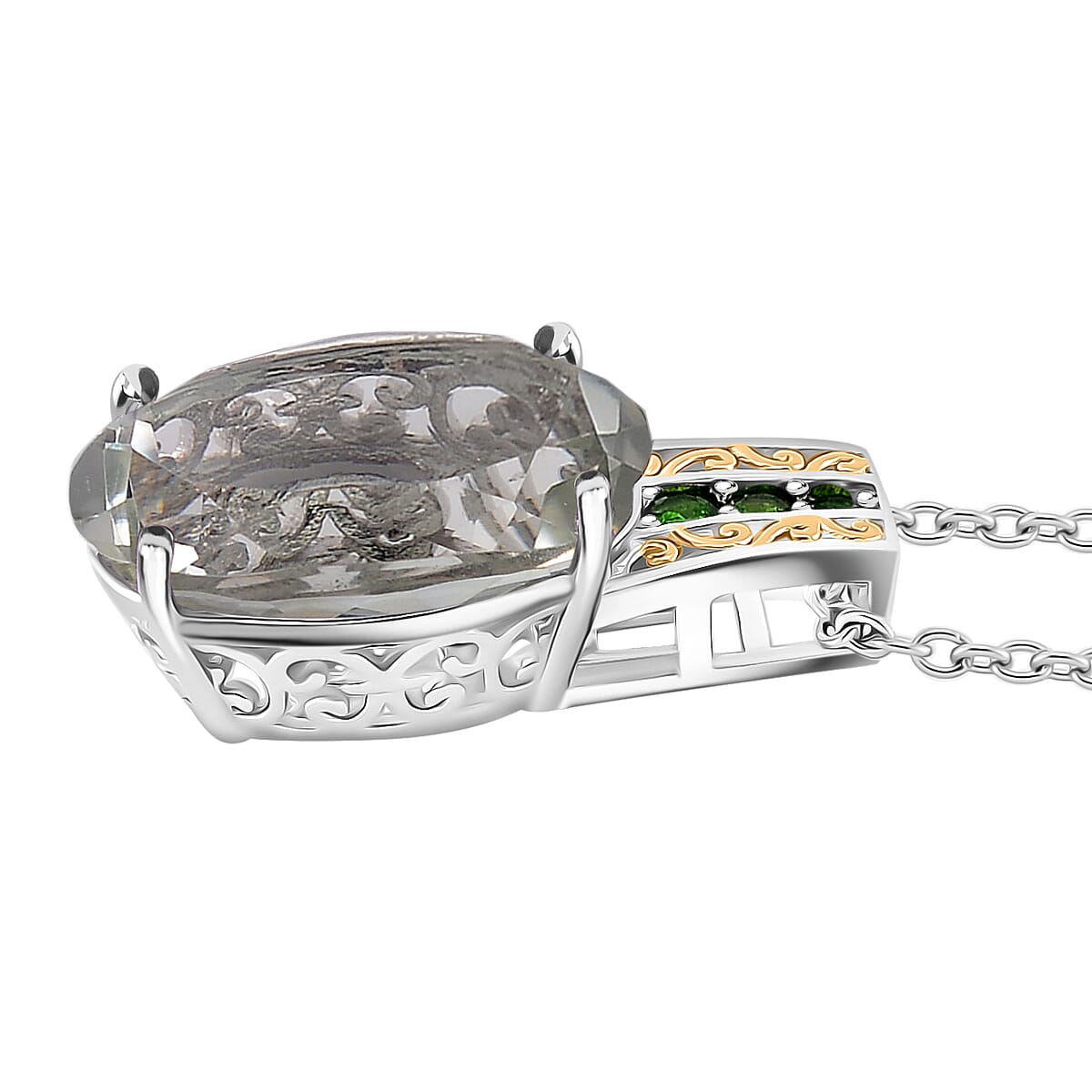 Karis Montezuma Prasiolite and Chrome Diopside 23.25 ctw Ring (Size 6.0) and Pendant in Dualtone with Stainless Steel Necklace 20 Inches image number 7