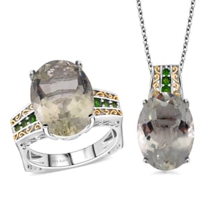 Karis Montezuma Prasiolite and Chrome Diopside 23.25 ctw Ring (Size 9.0) and Pendant in Dualtone with Stainless Steel Necklace 20 Inches