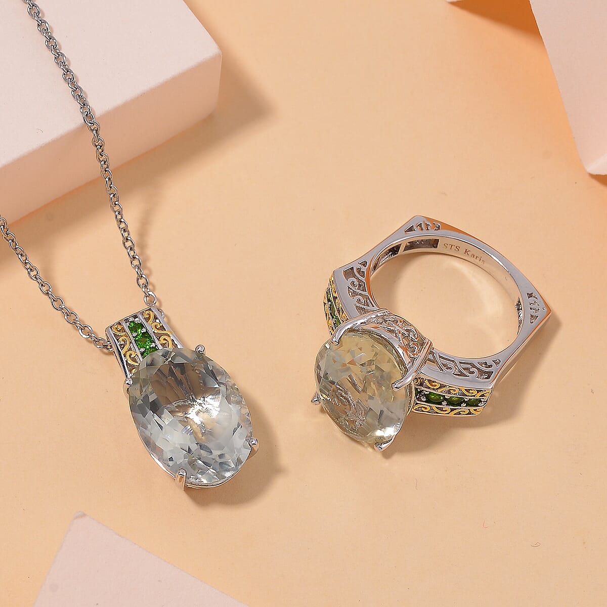 Karis Montezuma Prasiolite and Chrome Diopside 23.25 ctw Ring (Size 10.0) and Pendant in Dualtone with Stainless Steel Necklace 20 Inches image number 1