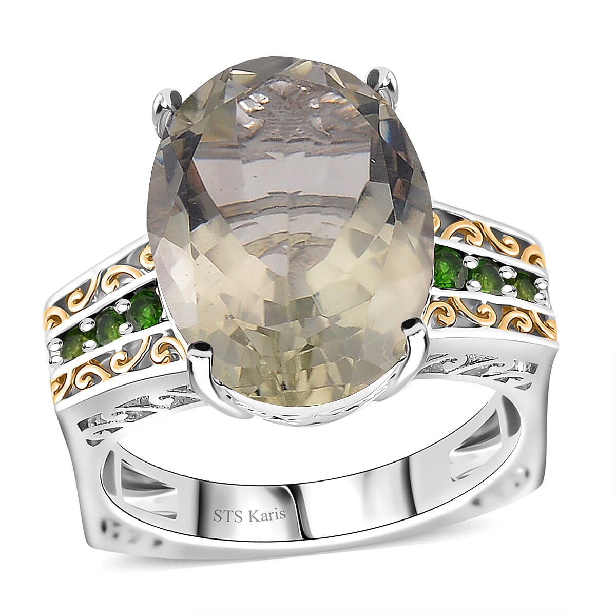Karis Montezuma Prasiolite and Chrome Diopside 23.25 ctw Ring (Size 10.0) and Pendant in Dualtone with Stainless Steel Necklace 20 Inches image number 2