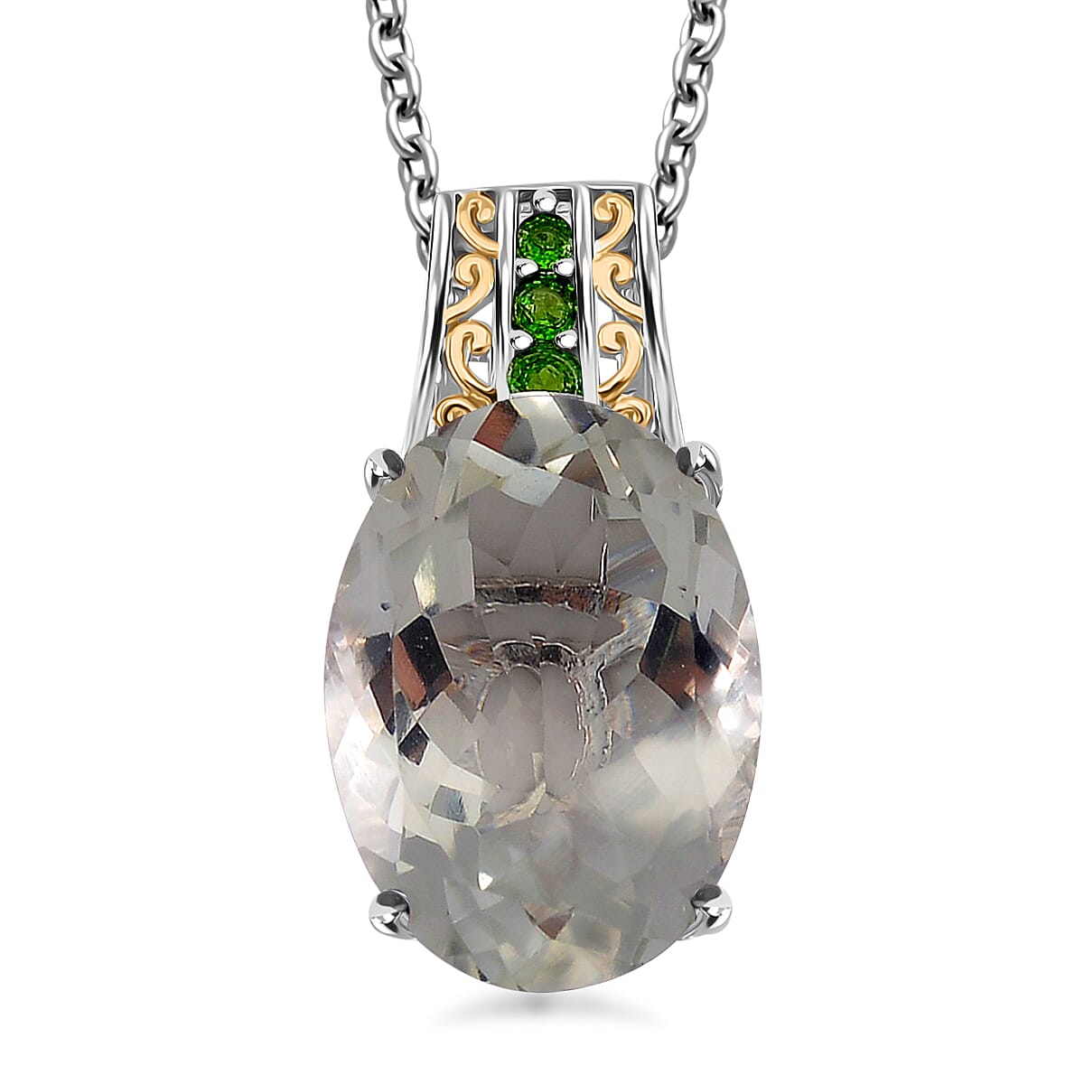 Karis Montezuma Prasiolite and Chrome Diopside 23.25 ctw Ring (Size 10.0) and Pendant in Dualtone with Stainless Steel Necklace 20 Inches image number 5