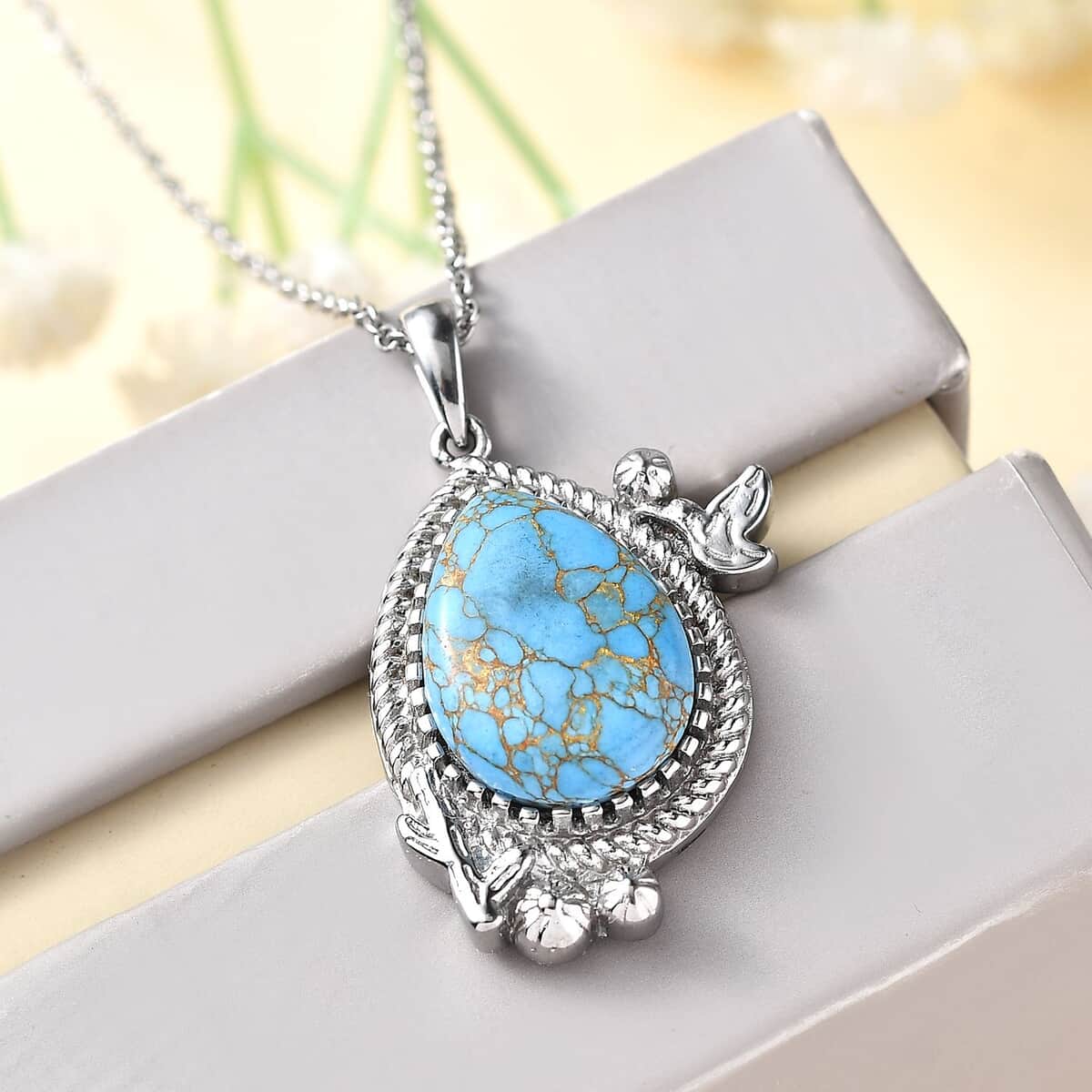 Mojave Blue Turquoise 9.20 ctw Pendant Necklace 20 Inches in Stainless Steel image number 1