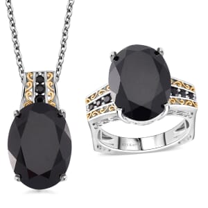 Karis Thai Black Spinel 26.25 ctw Ring (Size 8.0) and Pendant in Dualtone with Stainless Steel Necklace 20 Inches