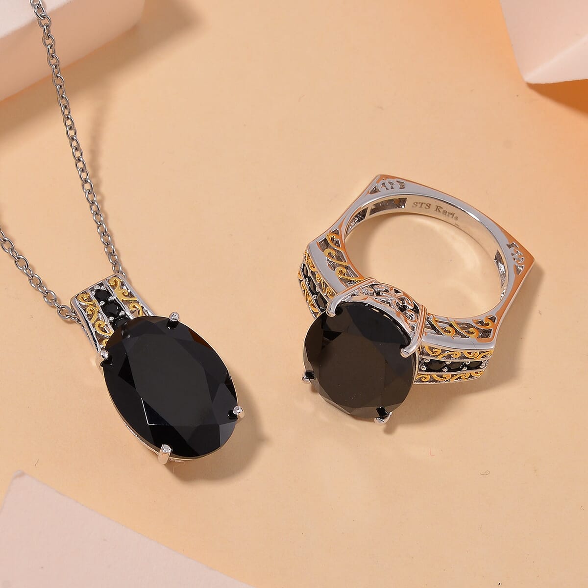 Karis Thai Black Spinel 26.25 ctw Ring (Size 8.0) and Pendant in Dualtone with Stainless Steel Necklace 20 Inches image number 1