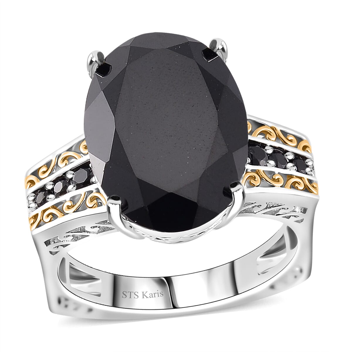 Karis Thai Black Spinel 26.25 ctw Ring (Size 8.0) and Pendant in Dualtone with Stainless Steel Necklace 20 Inches image number 2