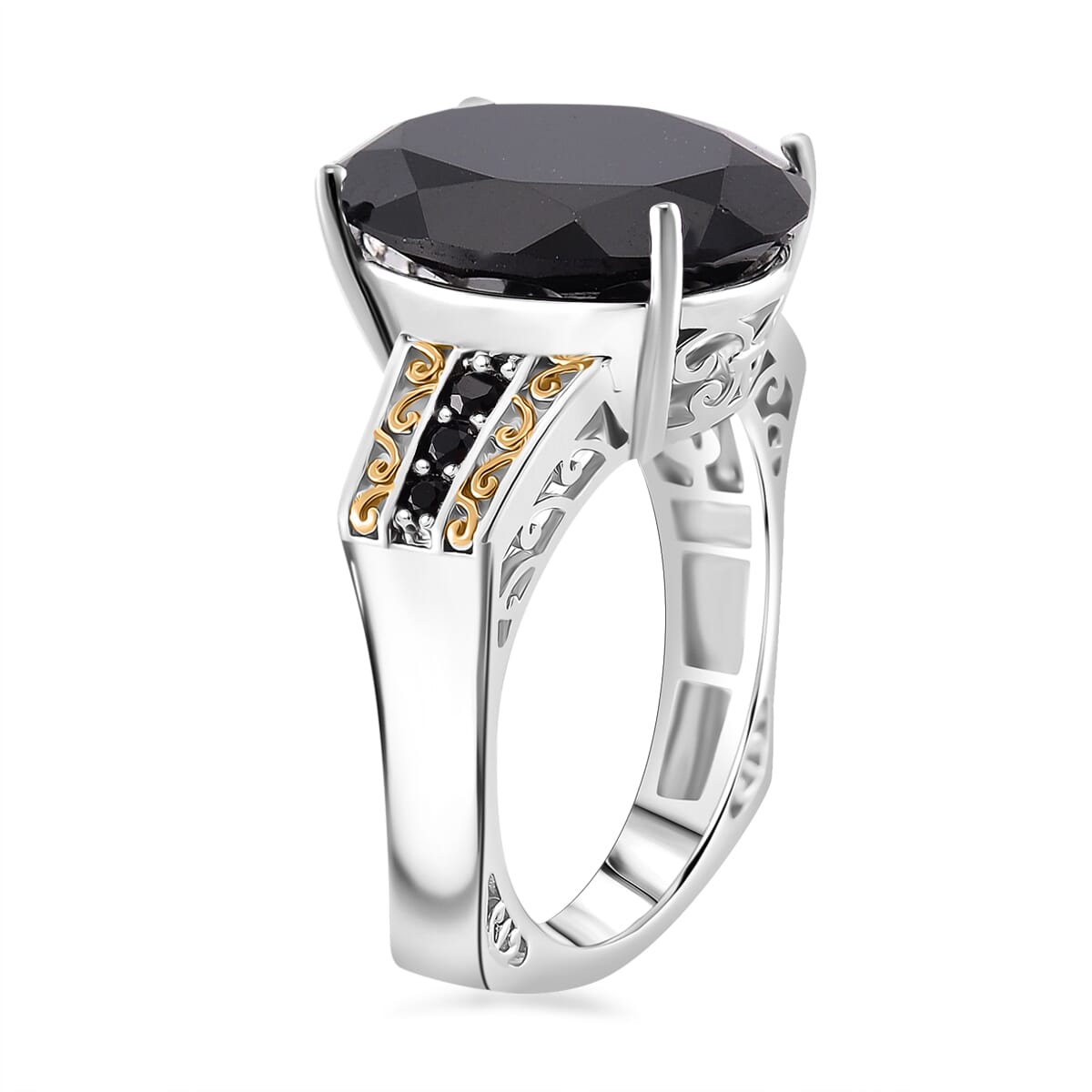 Karis Thai Black Spinel 26.25 ctw Ring (Size 8.0) and Pendant in Dualtone with Stainless Steel Necklace 20 Inches image number 3