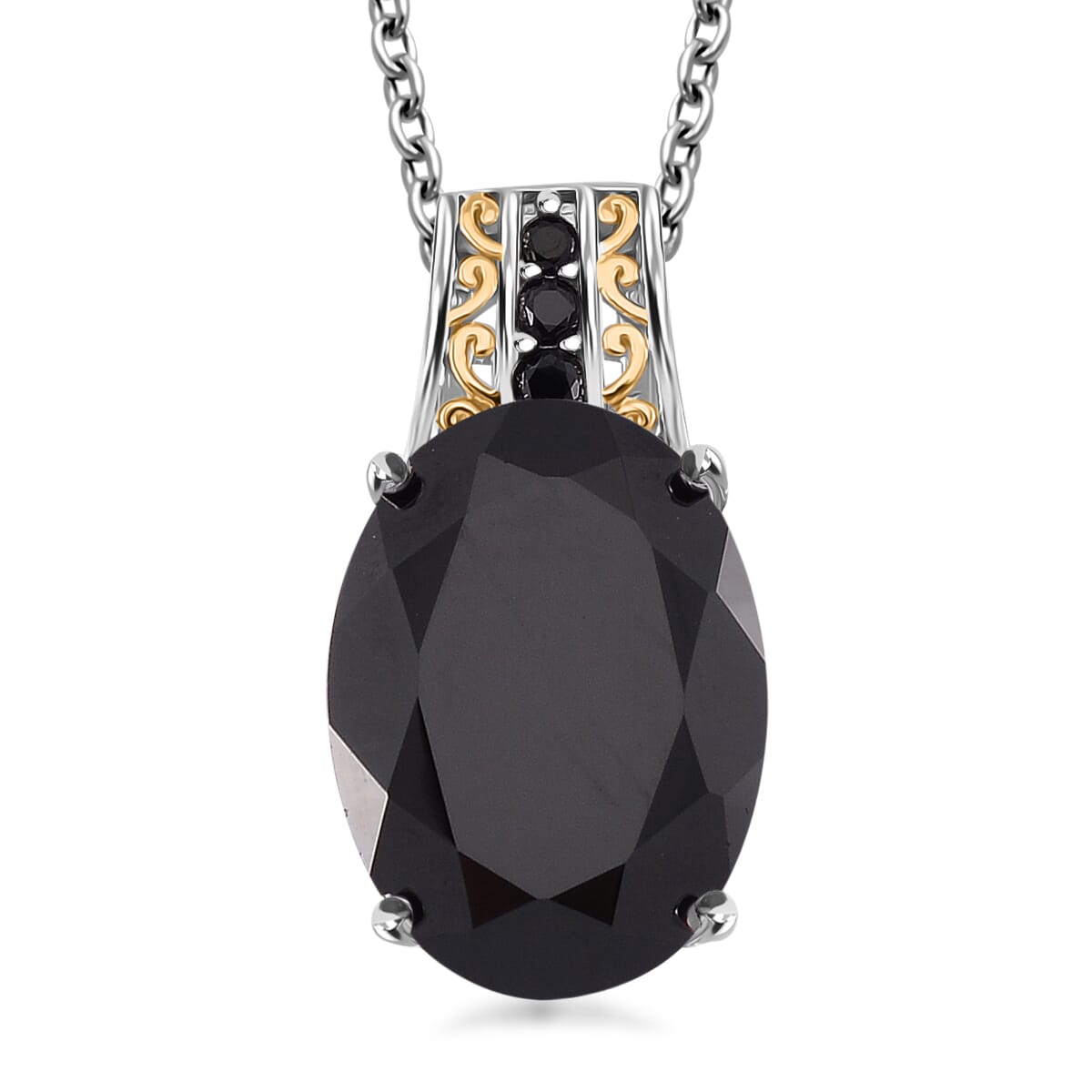 Karis Thai Black Spinel 26.25 ctw Ring (Size 8.0) and Pendant in Dualtone with Stainless Steel Necklace 20 Inches image number 5