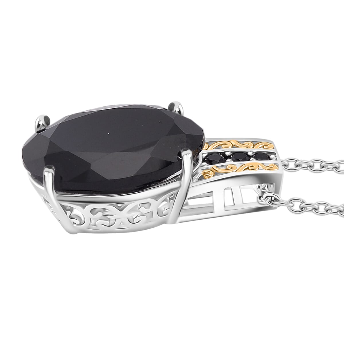 Karis Thai Black Spinel 26.25 ctw Ring (Size 8.0) and Pendant in Dualtone with Stainless Steel Necklace 20 Inches image number 6