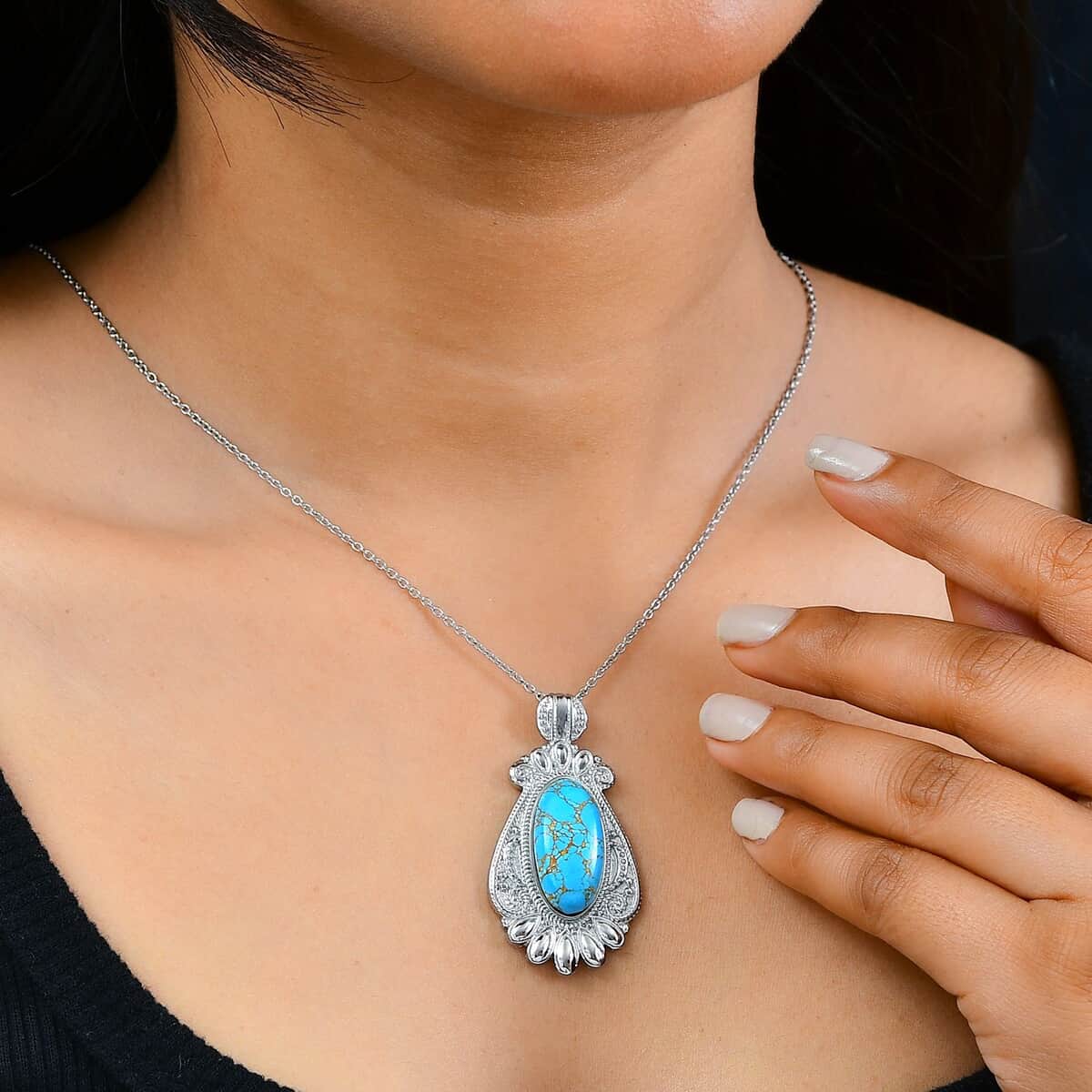 Mojave Blue Turquoise 22.00 ctw Pendant Necklace in Stainless Steel 20 Inches image number 1