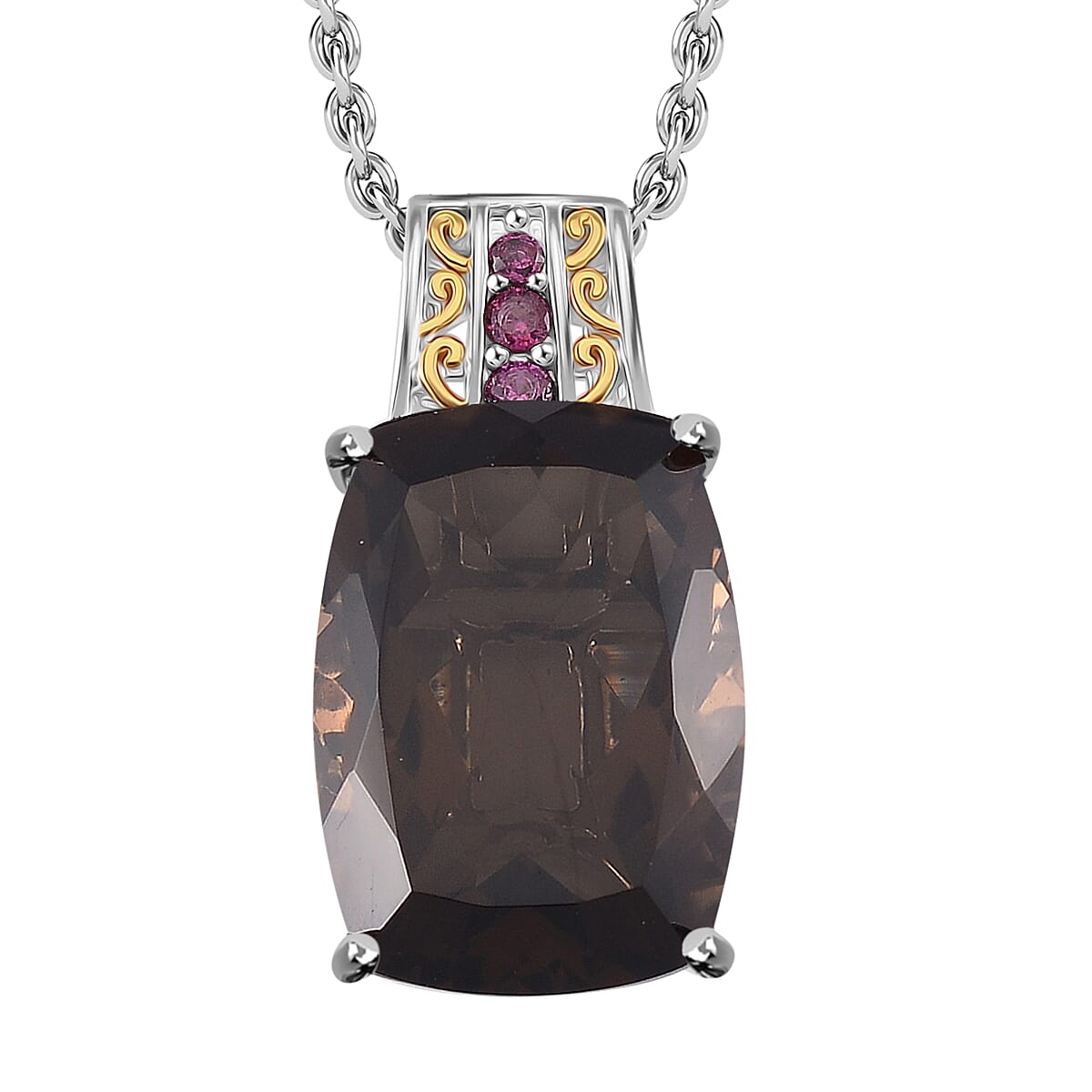 Karis Brazilian Smoky Quartz and Orissa Rhodolite Garnet 27.35 ctw Ring (Size 6.0) and Pendant in Dualtone with Stainless Steel Necklace 20 Inches