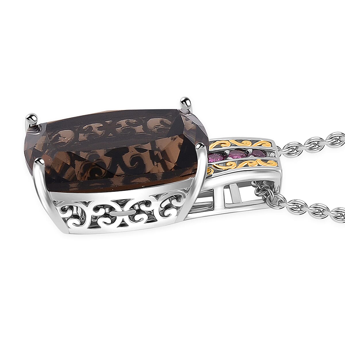 Karis Brazilian Smoky Quartz and Orissa Rhodolite Garnet 27.35 ctw Ring (Size 6.0) and Pendant in Dualtone with Stainless Steel Necklace 20 Inches