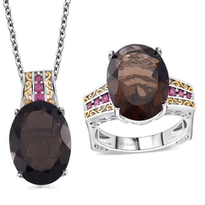 Karis Brazilian Smoky Quartz and Orissa Rhodolite Garnet 22.00 ctw Ring (Size 7.0) and Pendant in Dualtone with Stainless Steel Necklace 20 Inches