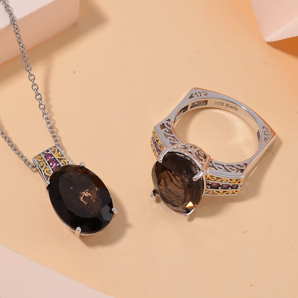 Karis Brazilian Smoky Quartz and Orissa Rhodolite Garnet 22.00 ctw Ring (Size 7.0) and Pendant in Dualtone with Stainless Steel Necklace 20 Inches image number 1