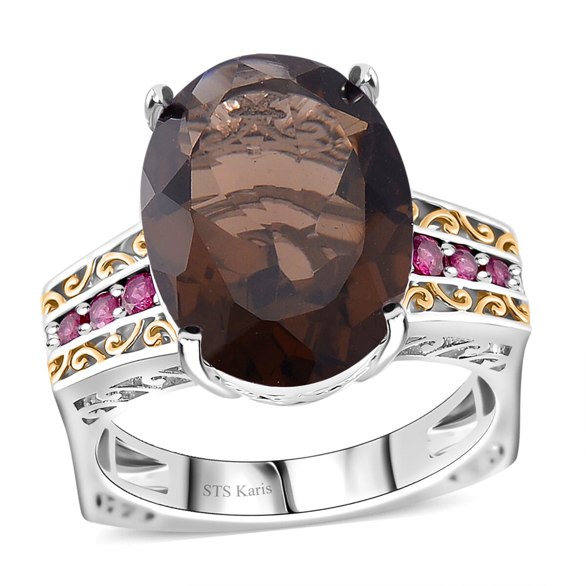 Karis Brazilian Smoky Quartz and Orissa Rhodolite Garnet 22.00 ctw Ring (Size 7.0) and Pendant in Dualtone with Stainless Steel Necklace 20 Inches image number 2