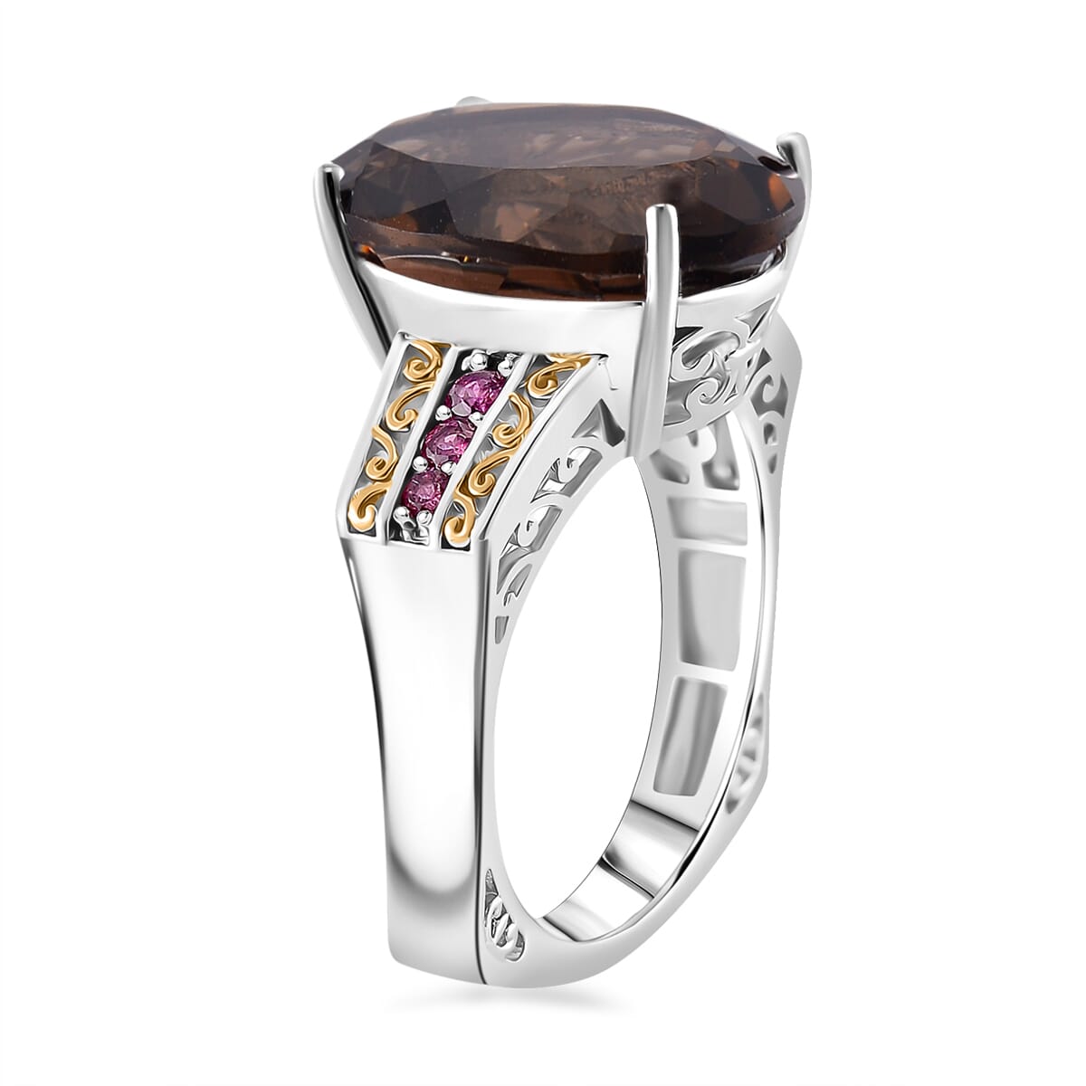 Karis Brazilian Smoky Quartz and Orissa Rhodolite Garnet 22.00 ctw Ring (Size 7.0) and Pendant in Dualtone with Stainless Steel Necklace 20 Inches image number 3