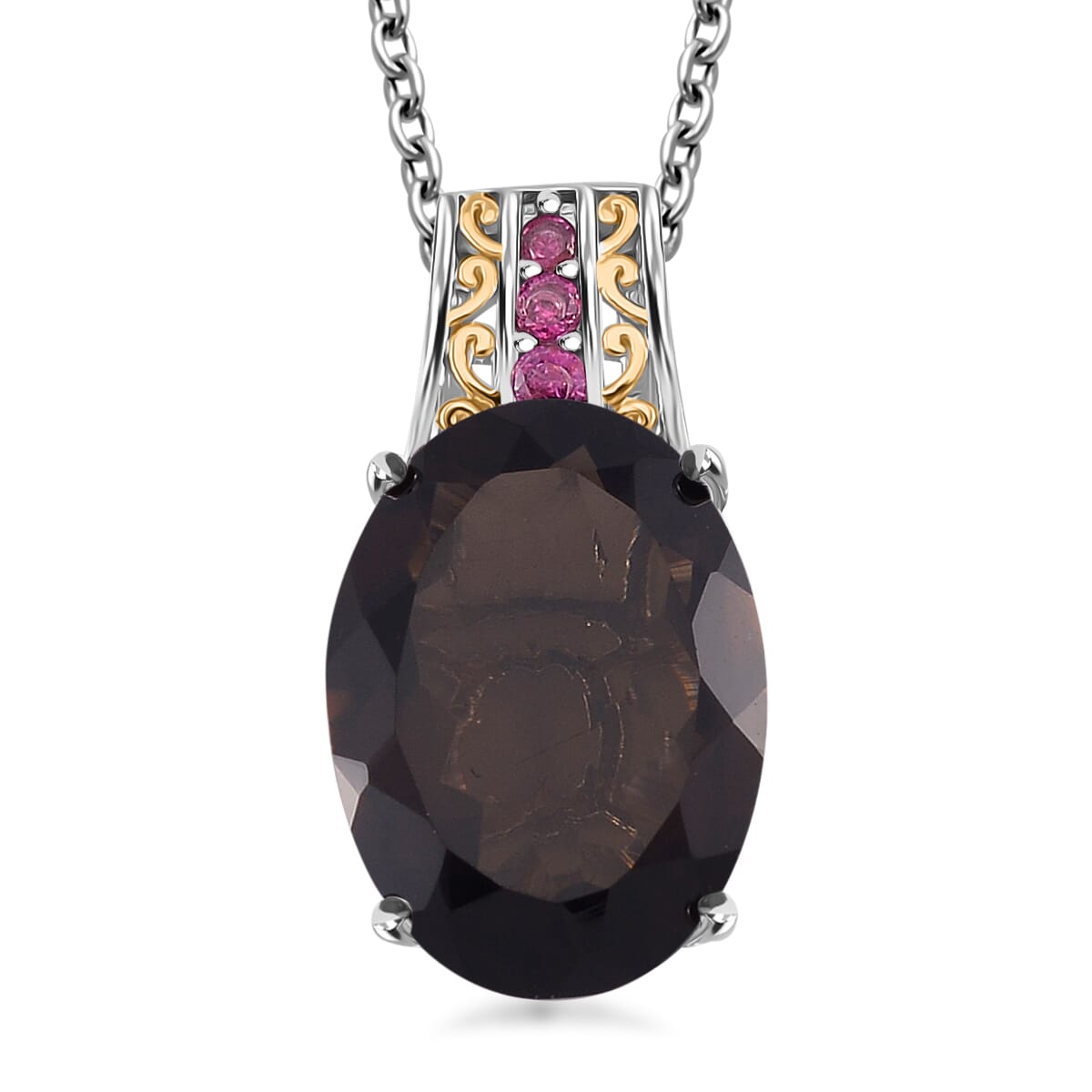 Karis Brazilian Smoky Quartz and Orissa Rhodolite Garnet 22.00 ctw Ring (Size 7.0) and Pendant in Dualtone with Stainless Steel Necklace 20 Inches image number 5