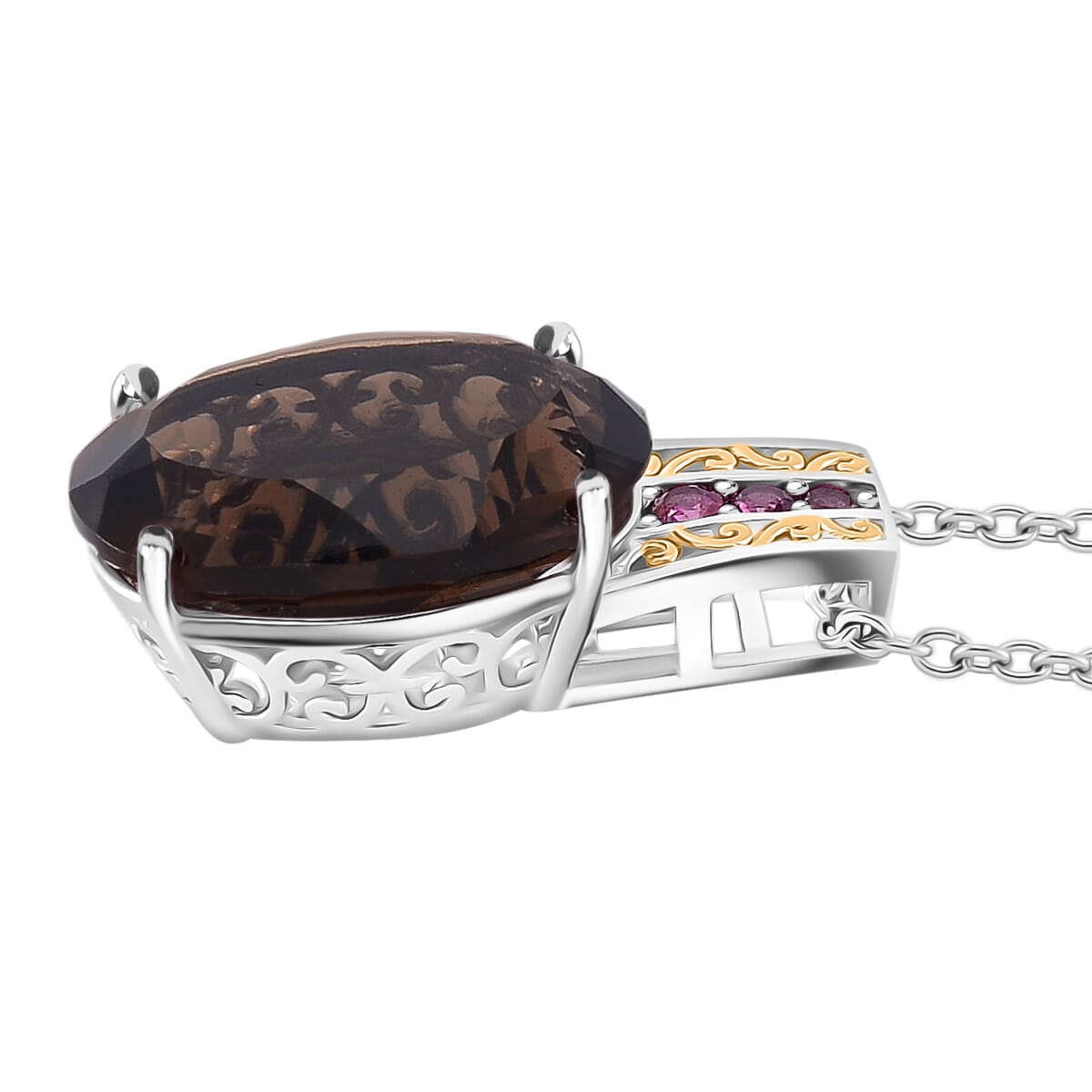 Karis Brazilian Smoky Quartz and Orissa Rhodolite Garnet 22.00 ctw Ring (Size 7.0) and Pendant in Dualtone with Stainless Steel Necklace 20 Inches image number 6